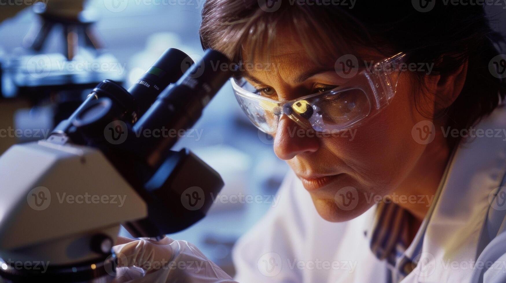In a laboratory setting a scientist carefully examines a soil sample under a microscope searching for signs of contamination. She wears a lab coat and protective goggles as she works photo