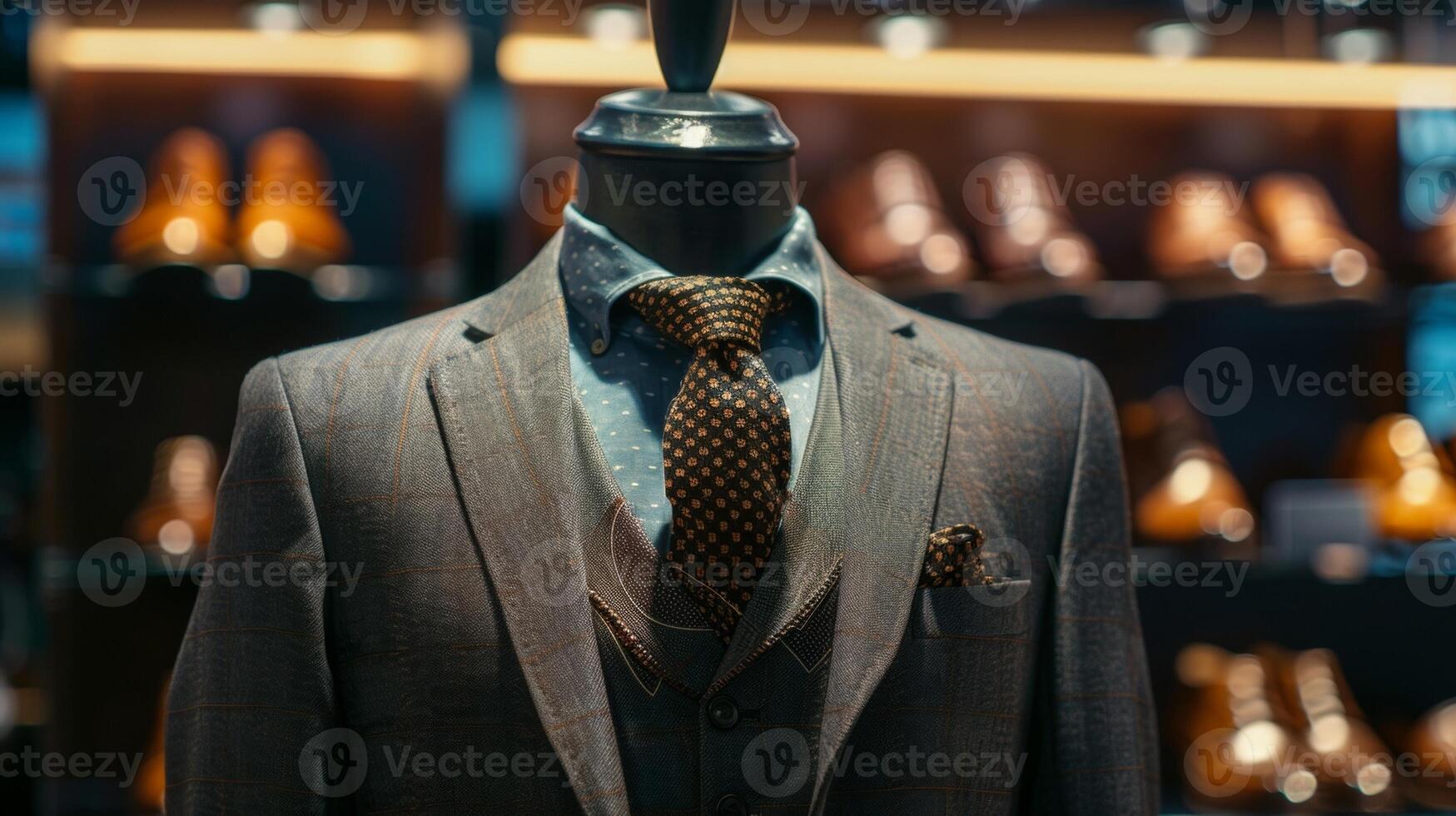 A portrait of a mannequin dressed in a sharp tailored suit design accessorized with a patterned tie and polished leather shoes exuding a professional and refined aesthetic. photo
