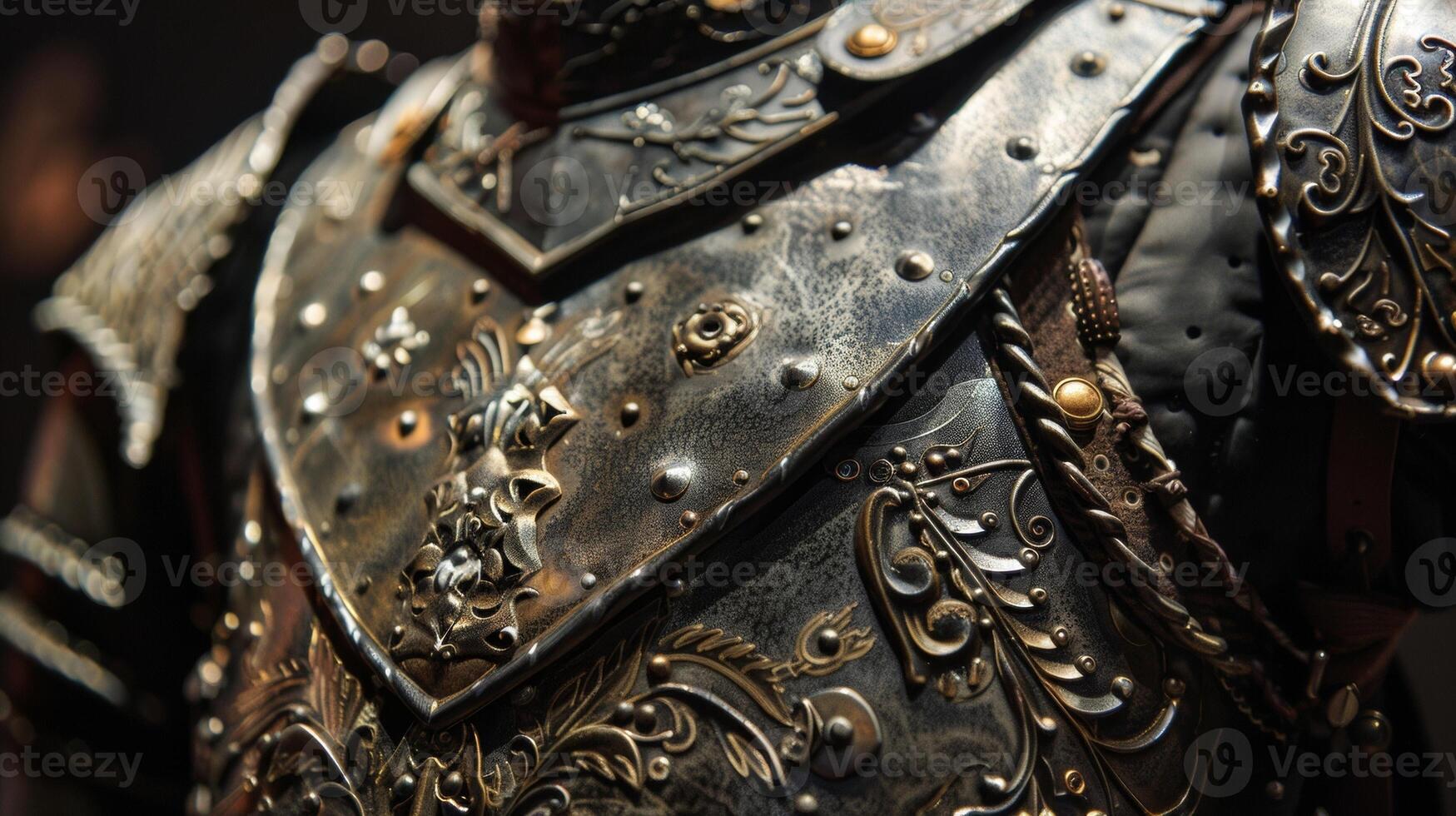 A closeup shot of a detailed medieval knight armor design on a tailors mannequin complete with leather ss and metal plating evoking a sense of strength and regality. photo