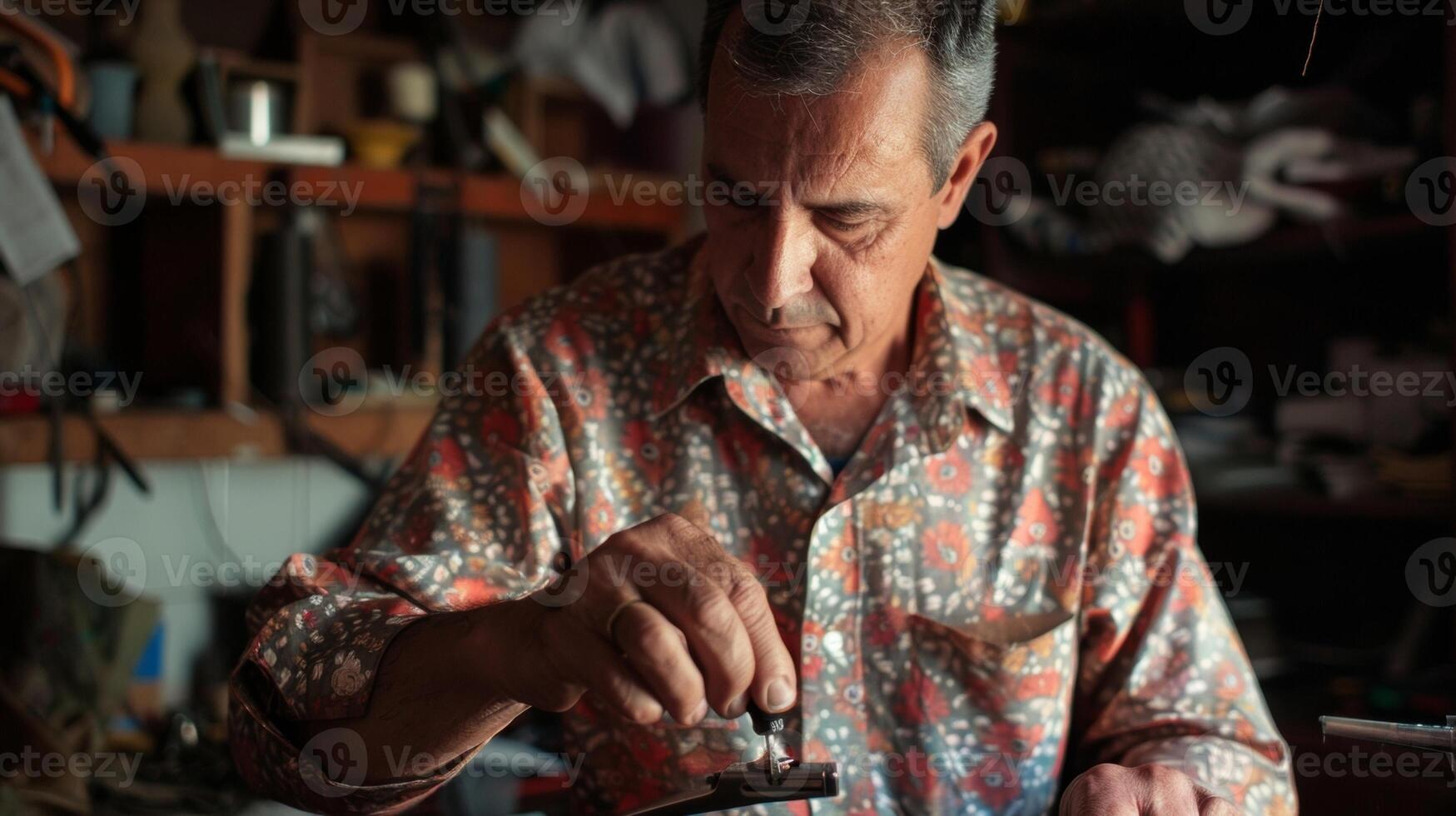 In the corner of the workshop a tailor uses a tiny iron to delicately press intricate details onto a finished garment while shelves behind him display an array of scissors needles photo
