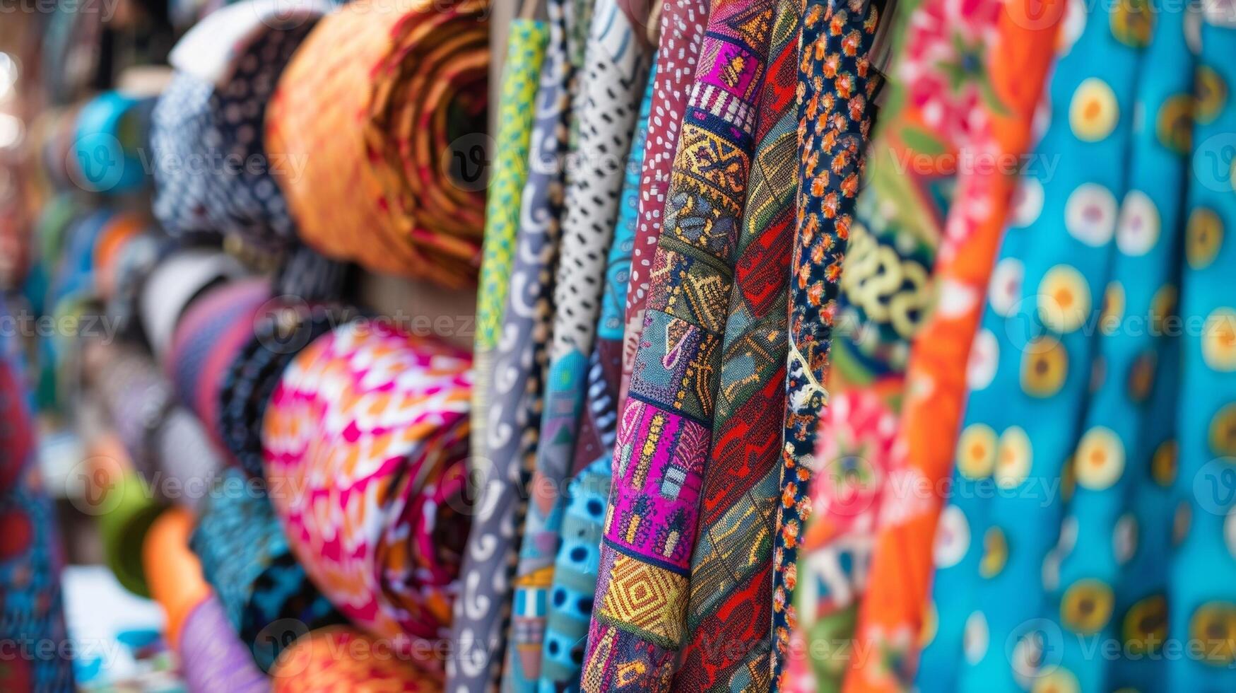 A bustling marketplace filled with colorful fabrics vibrant patterns and bustling tailors working away in their stalls. Amidst the chaos a family of tailors can be seen diligently photo