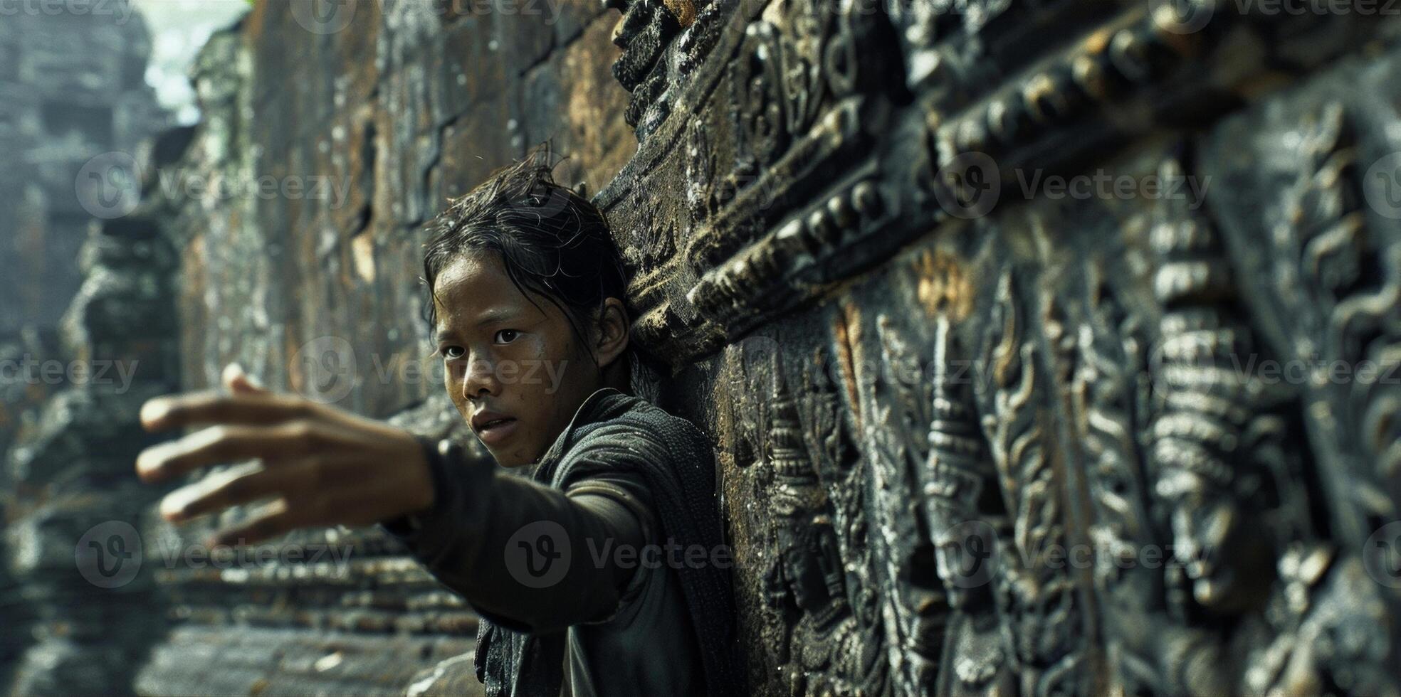 A person stands with their hand resting on a large aged stone wall its intricate carvings depicting scenes from a bygone era. The protector gazes out with a determined expression ready photo