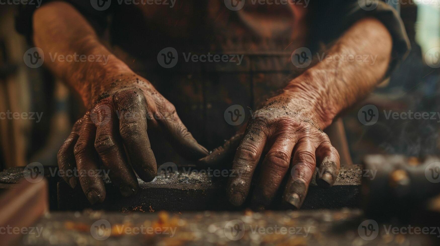 The hands of a blacksmith marked by a lifetime of hard work and dedication in creating beautiful and functional objects out of raw materials. photo