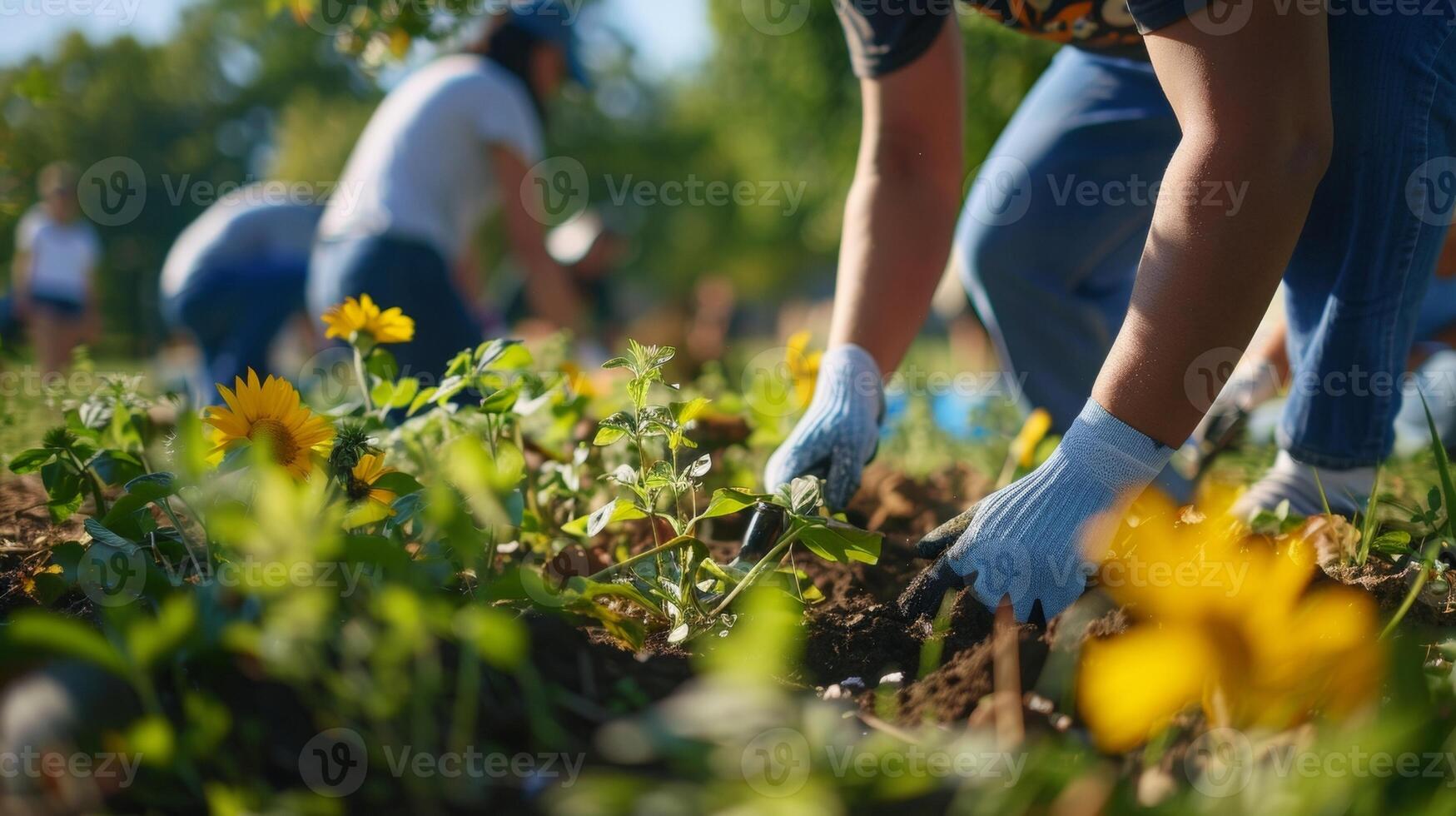 A park comes to life as volunteers young and old gather to clean up and beautify their local outdoor space. Armed with gloves and trash bags they pick up litter pull weeds and plant photo
