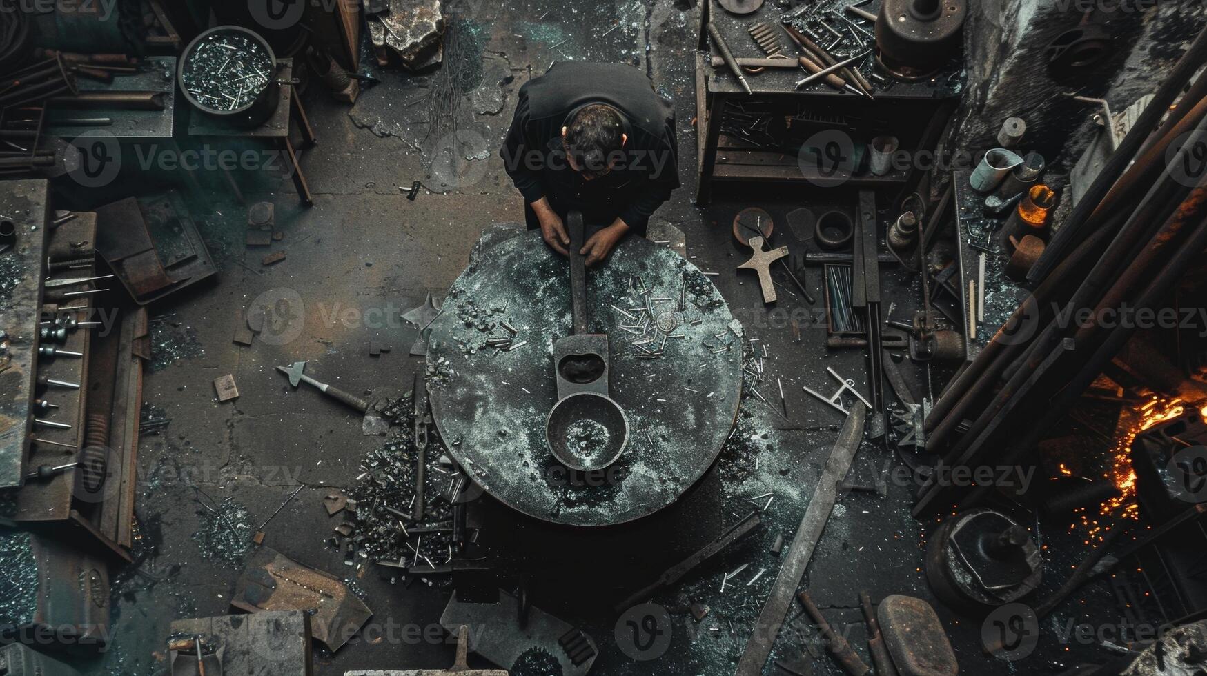 A dramatic overhead view of a blacksmith working on a massive anvil surrounded by tools and pieces of metal. photo