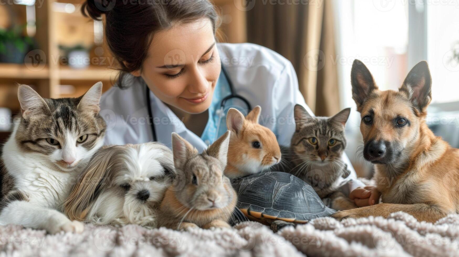 A group of animals ranging from cats and dogs to rabbits and even a turtle sit calmly on a blanket with a female veterinarian sitting in the middle gently petting and soothing each photo