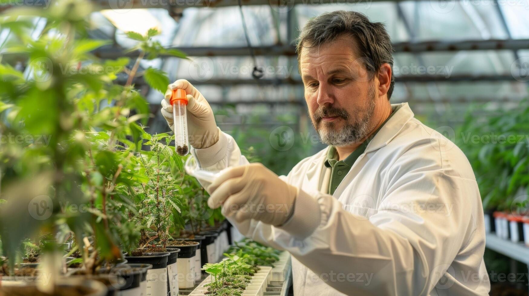 In a greenhouse filled with rows of plants a scientist holds up a test tube containing a small sample of diseased soil. He studies it intently searching for clues as to the cause of photo
