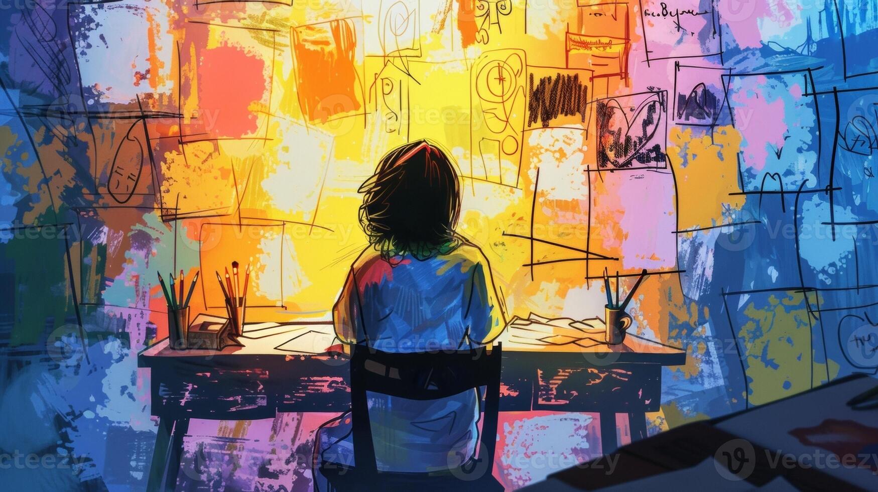 A person sitting at a small table surrounded by pencils and paints intently creating visual representations of their story onto a large storyboard. photo