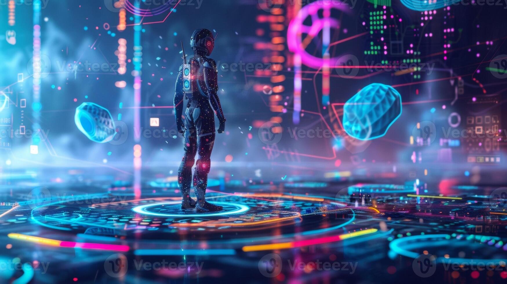 A vibrant and colorful image of a mix of human and robot figures each representing a different aspect of data ysis. In the foreground a superherolike character stands confidently photo