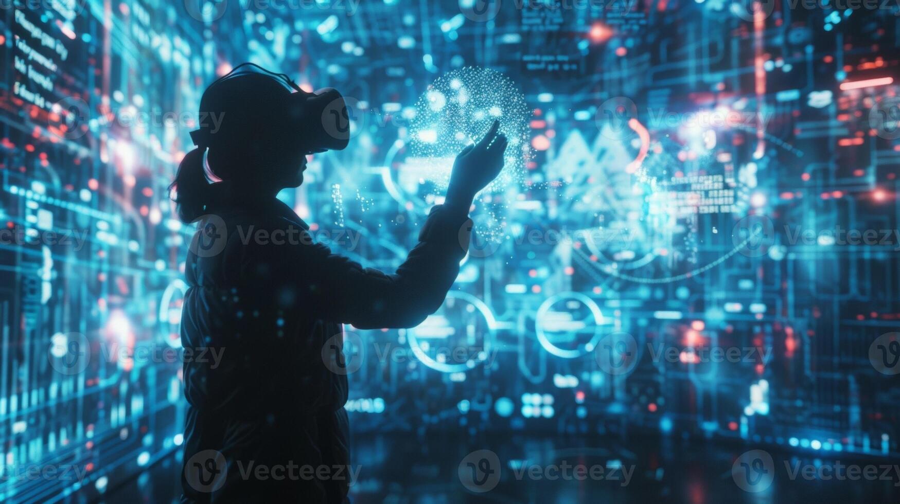 A data yst standing in front of a wallsized screen lost in thought as they navigate through a visually stunning virtual world filled with data and information. In one hand they hold photo