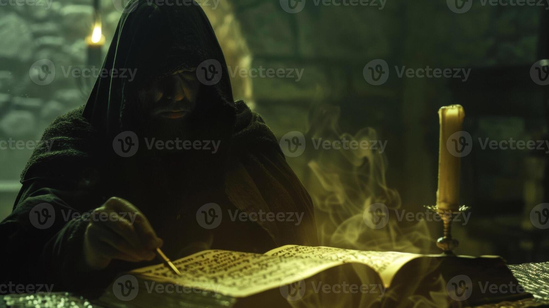 In a dimly lit room a cloaked figure studies a tome filled with mysterious symbols and foreign words. The word wizards eyes glow with concentration as they decode the text translating photo