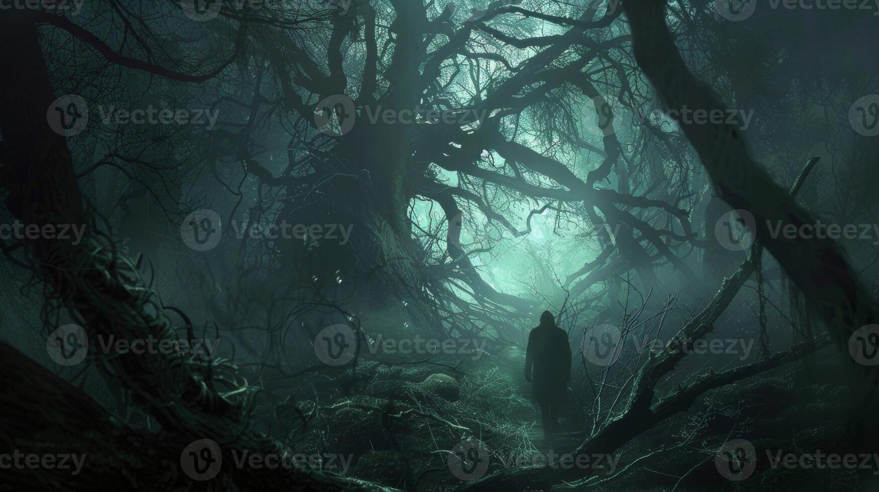 In a dark and mysterious forest a psychologist navigates their way through tangled trees and branches. As they continue on their journey creatures and symbols emerge from the shadows photo