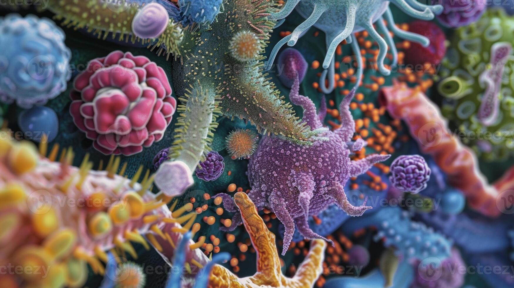 A microscope view of different microscopic organisms highlighting the intricate connection between our digestive system and the foods we consume. photo