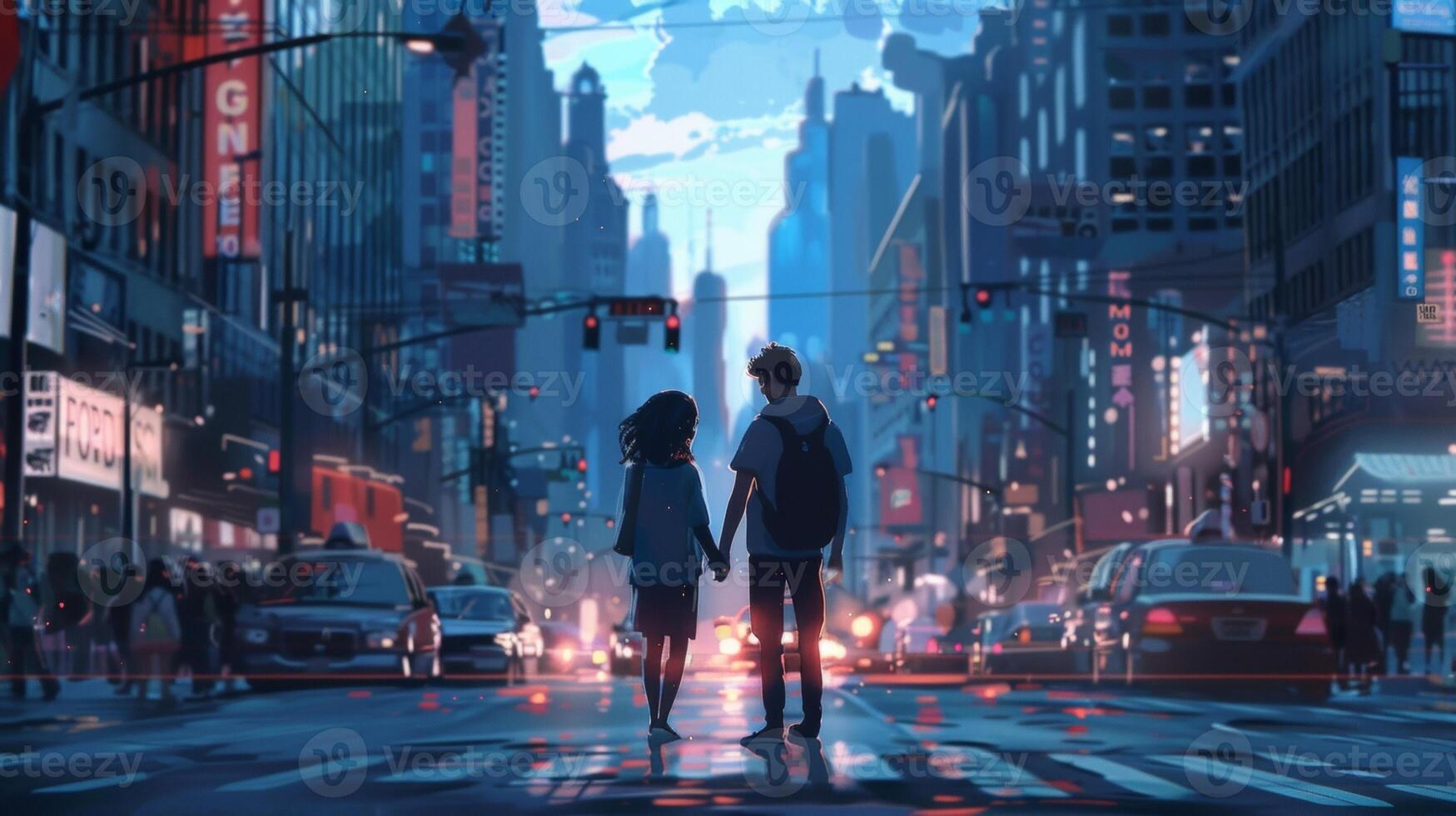 A young couple walks hand in hand down a busy city street eagerly scanning the towering skysers for their dream apartment. photo