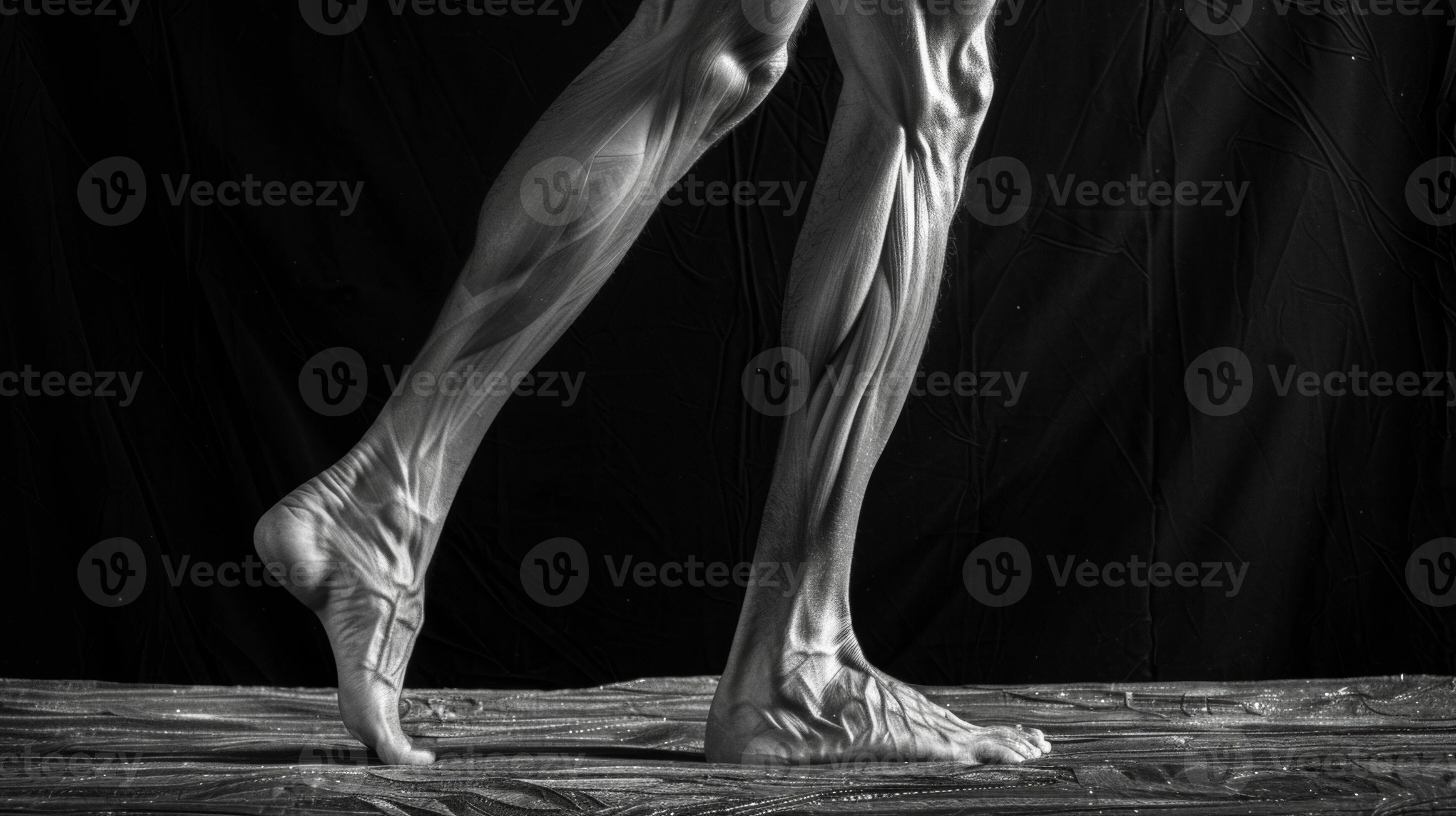With each step the sinewy muscles of the legs flex and contract casting