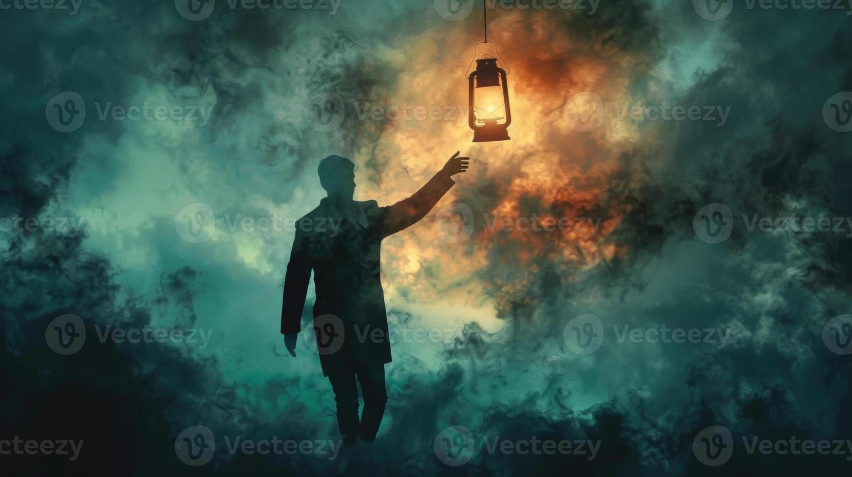A lone figure silhouetted against a backdrop of stormy clouds holds a lantern high in one hand while the other reaches out to a lost soul representing the unwavering guidance and support photo