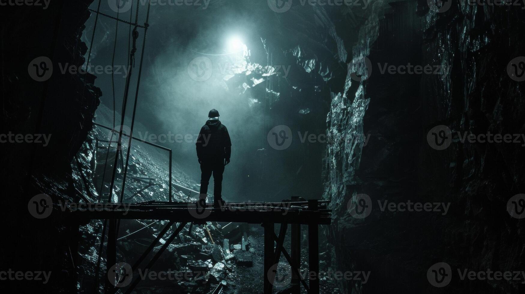 Standing on a rickety platform a lone figure gazes into the seemingly endless abyss of the mine. The faint light of their headlamp ly illuminates the rough walls and tered tools adding photo