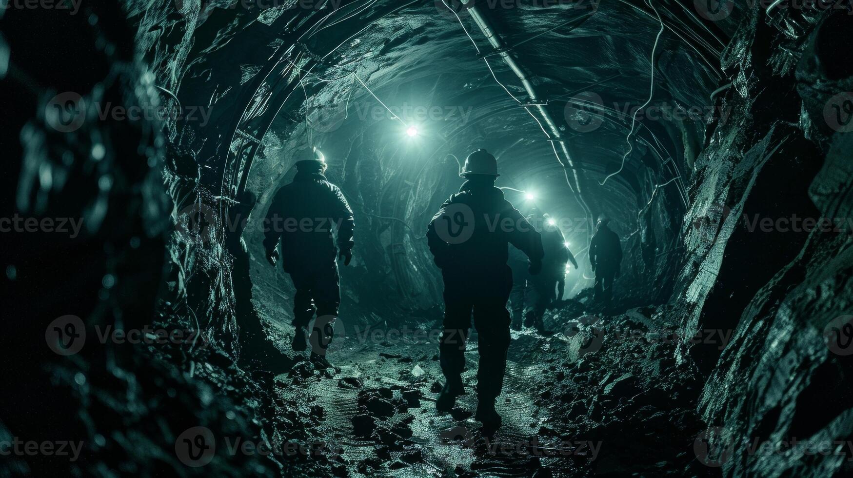 In a dimly lit tunnel silhouettes of miners can be seen scurrying about their headlamps creating a haunting glow. The cool tones of the rocks and the faint reflections of the lamps photo