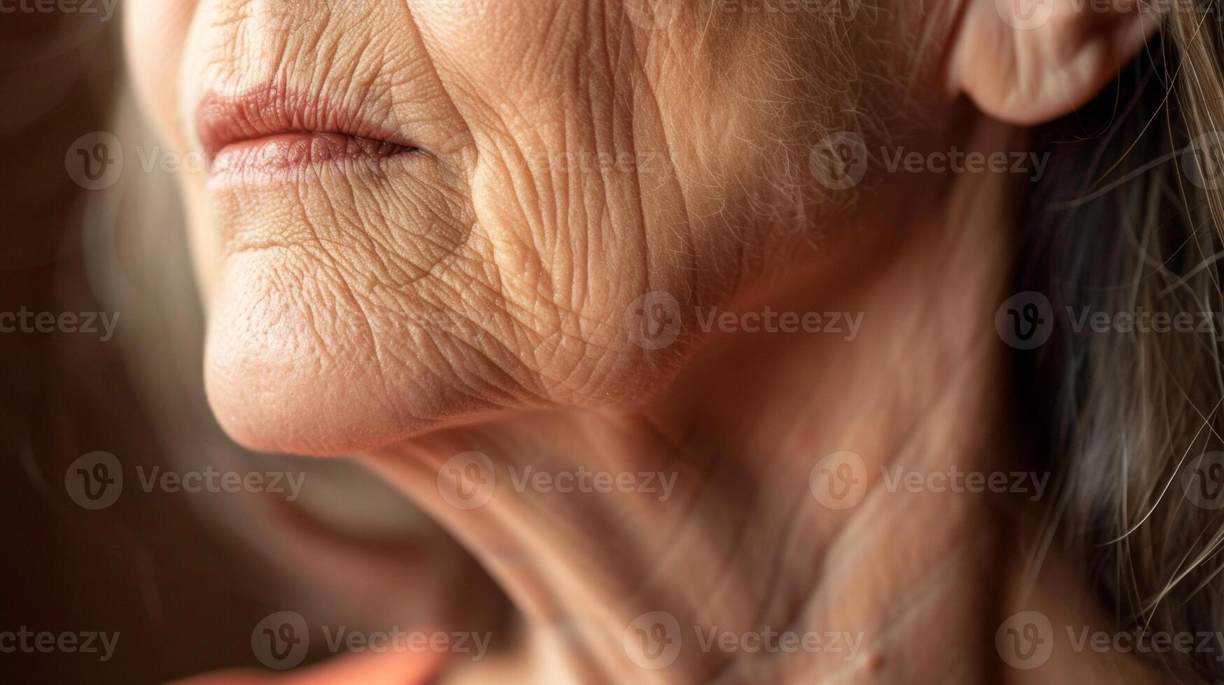 A web of wrinkles adorned her neck showcasing the journey of aging. photo