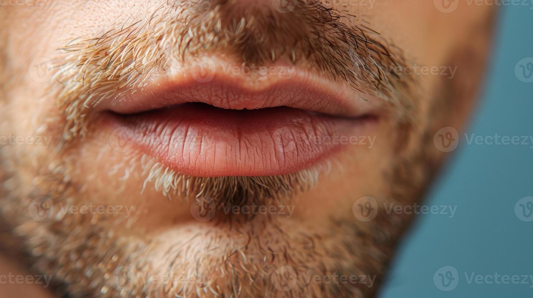 The contrast between the smooth upper lip and the slightly rugged lower lip of a mans mouth. photo