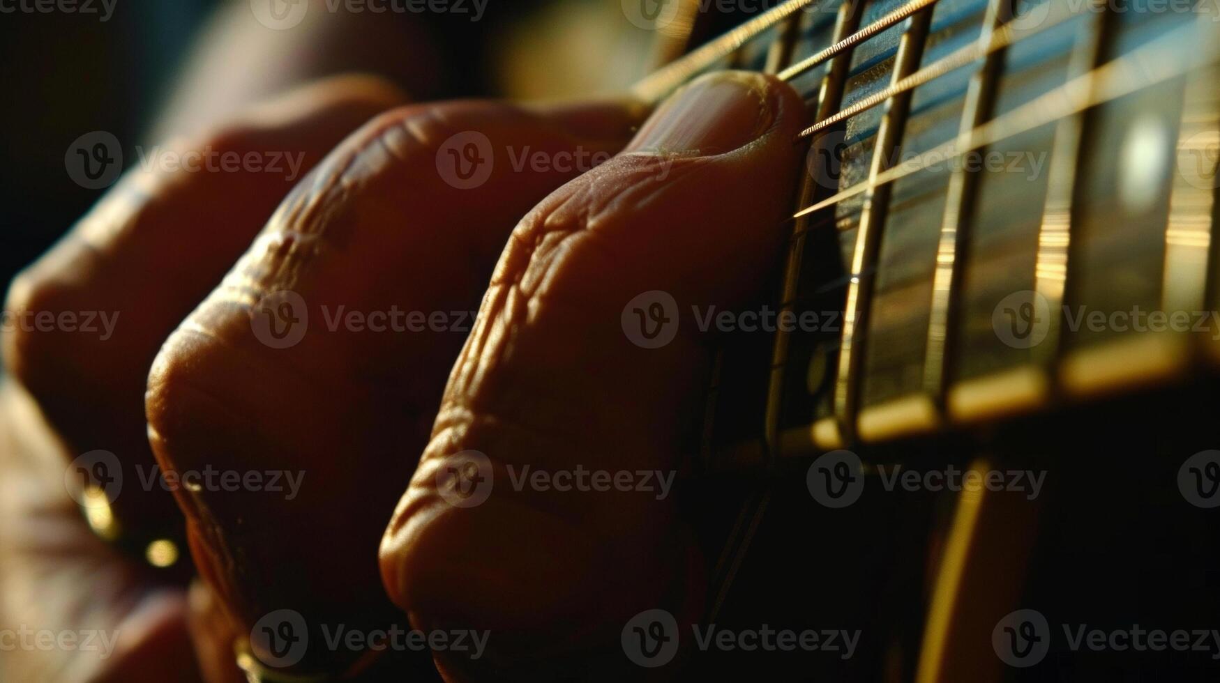 The tips of a guitarists fingers glide effortlessly over the strings creating a symphony of sound. photo
