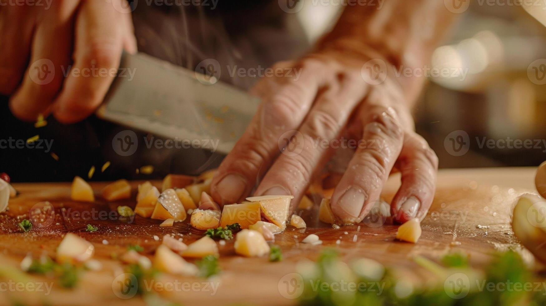 A chefs capable hands chop dice and slice ingredients with ease just like a skilled dancer moves seamlessly across the stage. photo