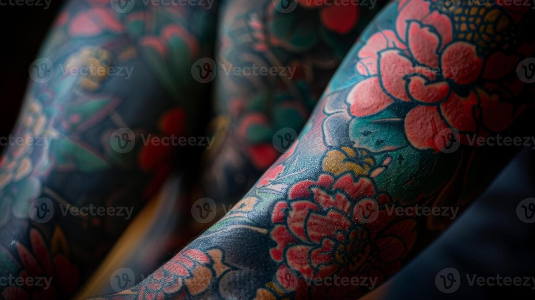 The canvas of their arms features a collage of tattoos that represent different phases and milestones in their life. photo