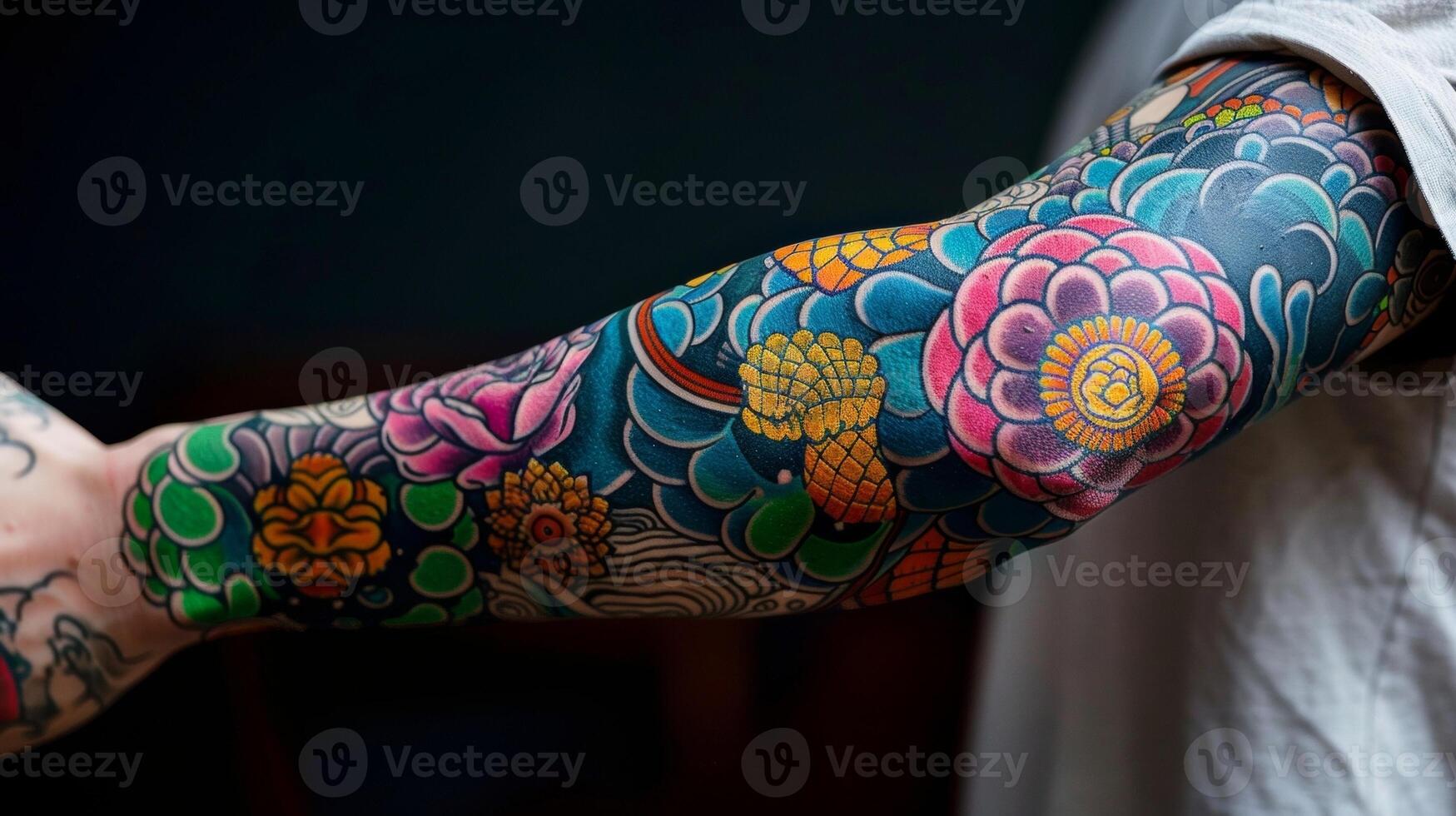 A vibrant psychedelic halfsleeve tattoo mesmerizes onlookers with its intricate patterns and splash of color. photo