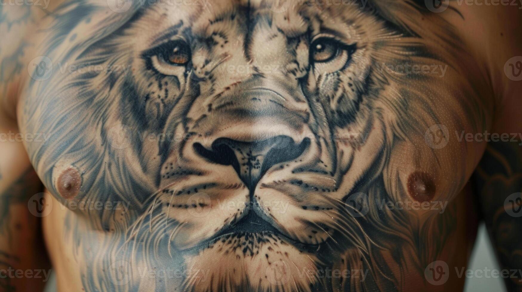 The canvas of their abdomen is home to a large realistic lion tattoo representing strength and courage. photo