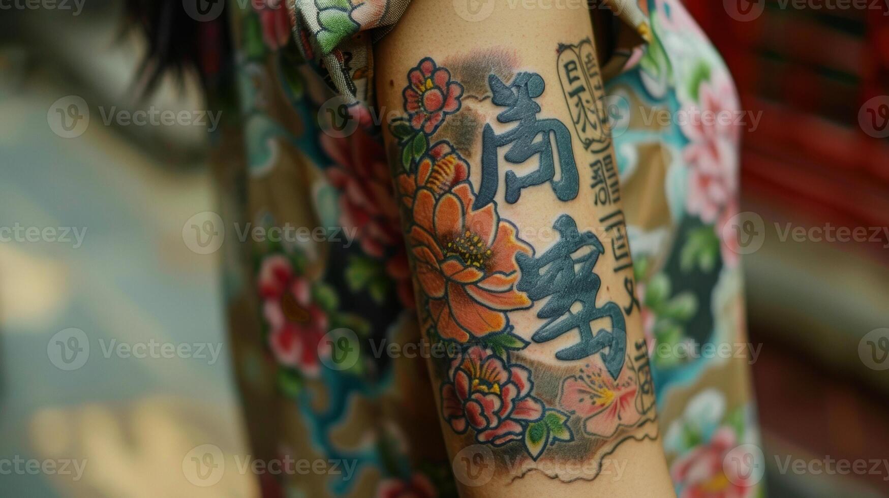On their forearm a combination of Chinese characters and floral designs creates a unique and personalized tattoo representing their cultural roots and personal style. photo