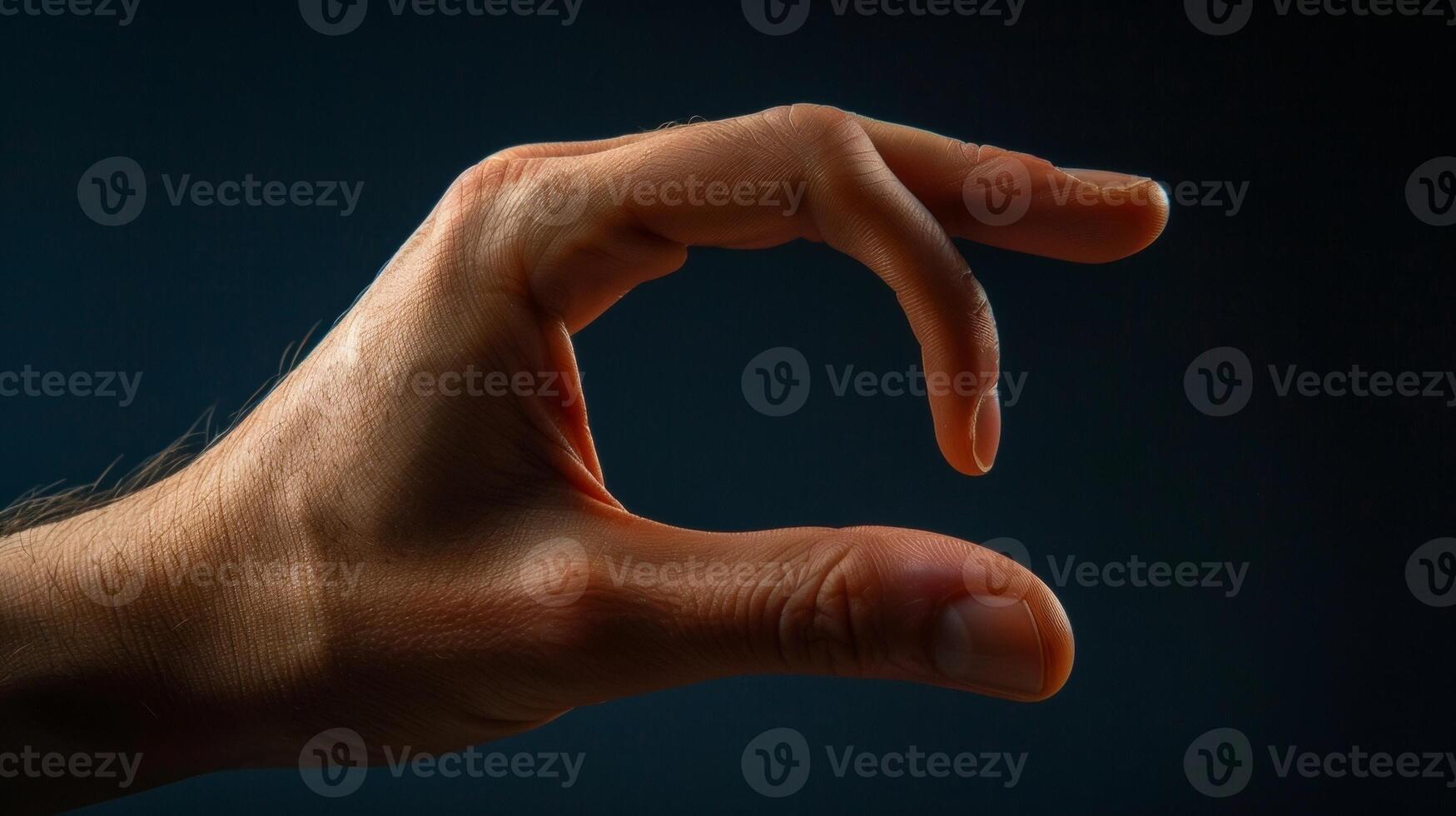 A thumb and pinky finger pressing together to form a nearperfect circle creating a geometric frame for the palm of the hand. photo