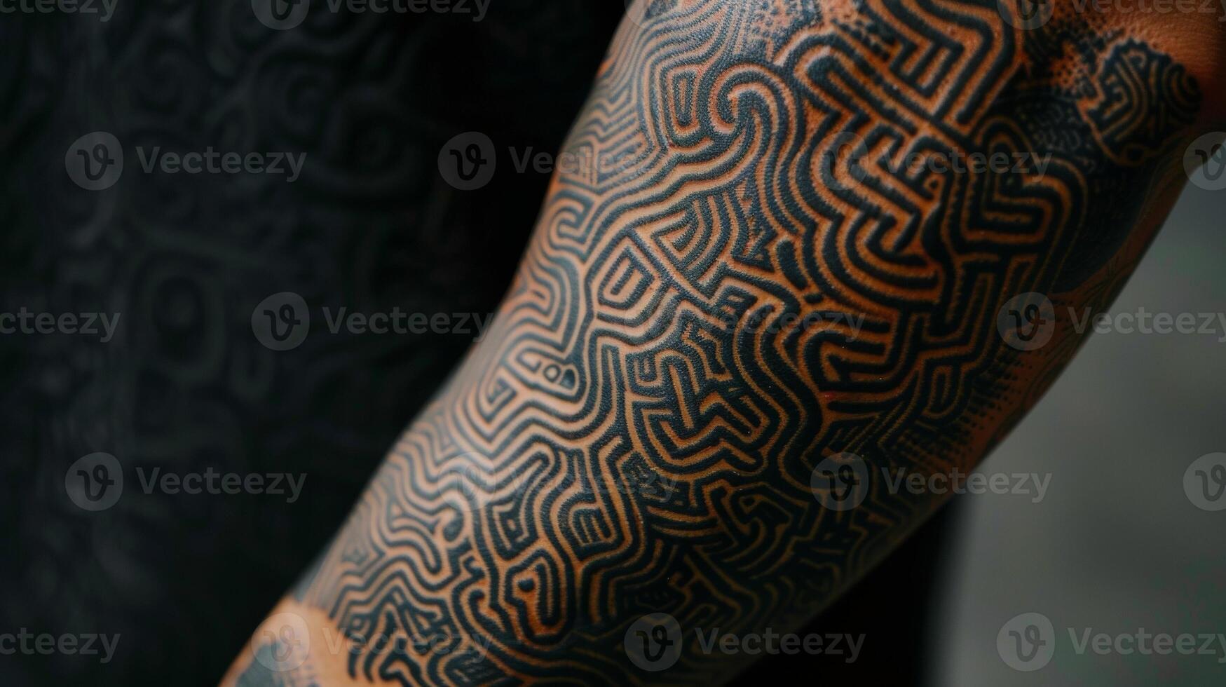 The skin above their elbow features an abstract artinspired tattoo showcasing the intricate lines and shapes that are possible with ink. photo