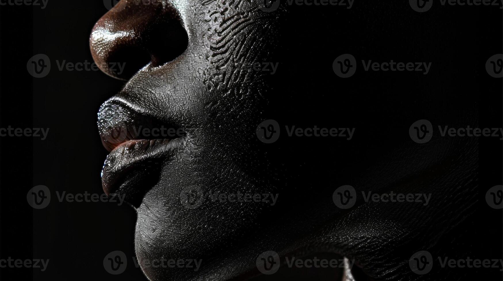 Against a black background the shadows reveal the subtle contours of the skin creating a mesmerizing contrast of light and dark. photo