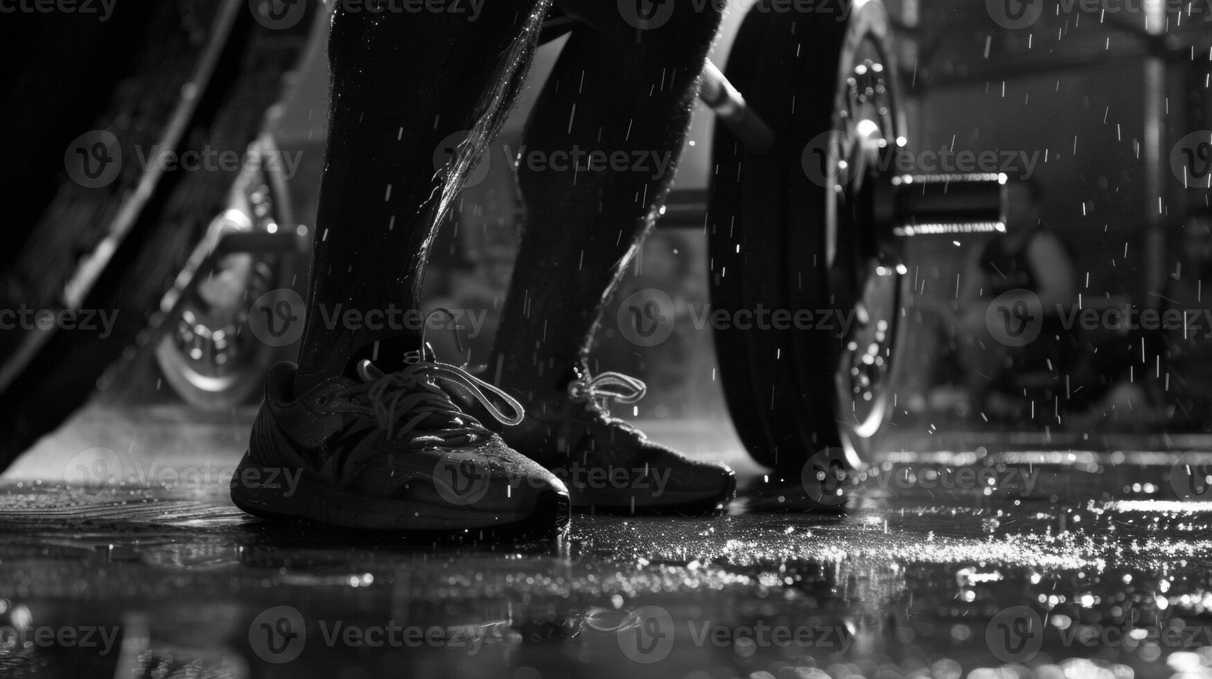 The chiseled muscles of a weightlifters legs as they squat beneath a heavy barbell. photo