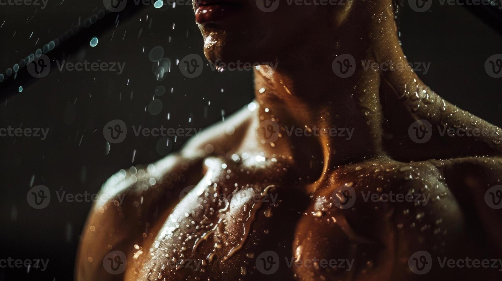 His chest was slick with perspiration each droplet reflecting the lights of the gym. photo