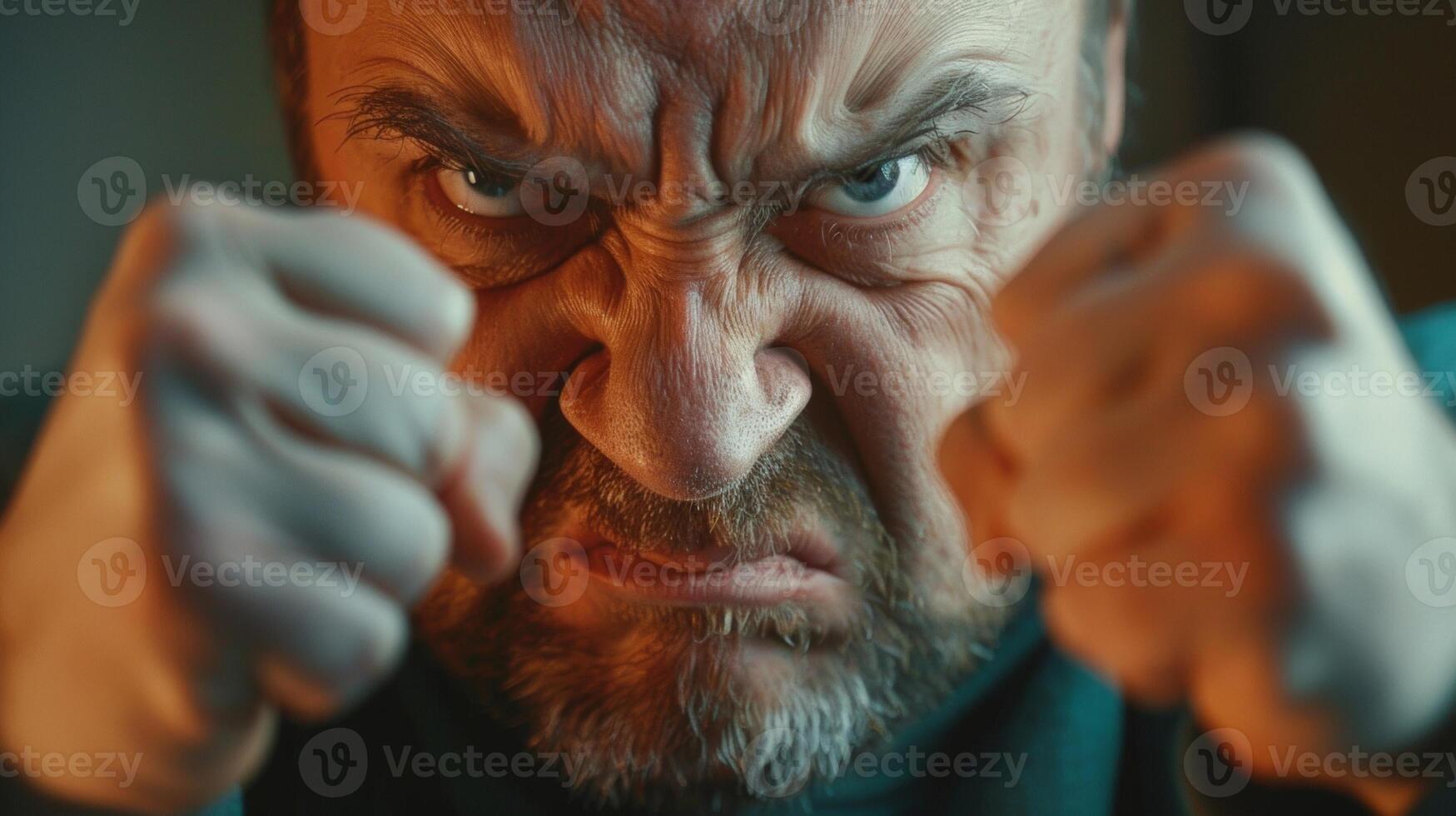 The body is tense and stiff with clenched fists and a furrowed brow showing signs of anger and frustration. photo