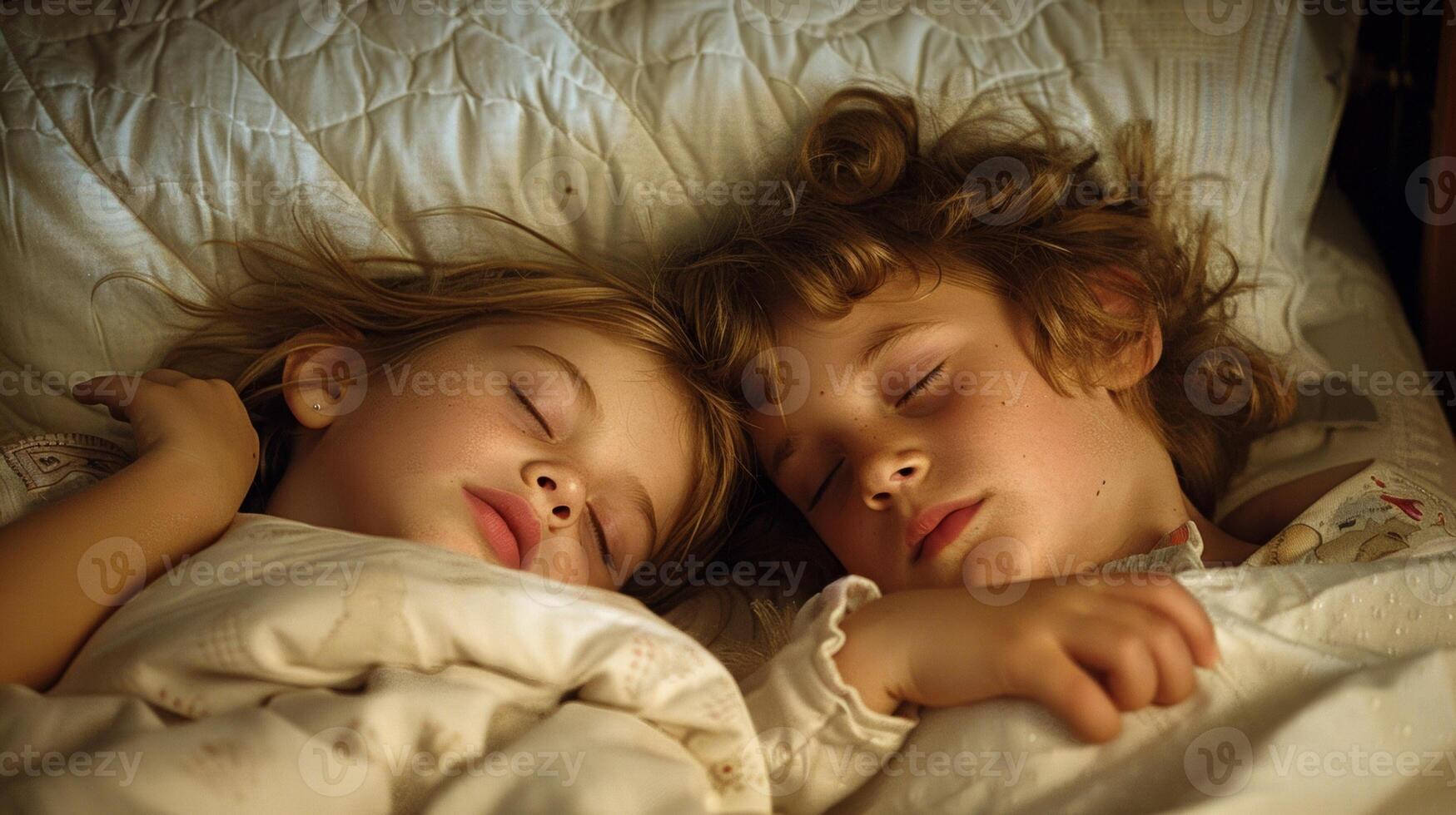 Two young children sleep in a bunk bed their faces pressed against the pillows and their limbs intertwined. Their faces are peaceful and their breathing is synchronized a sign of their photo