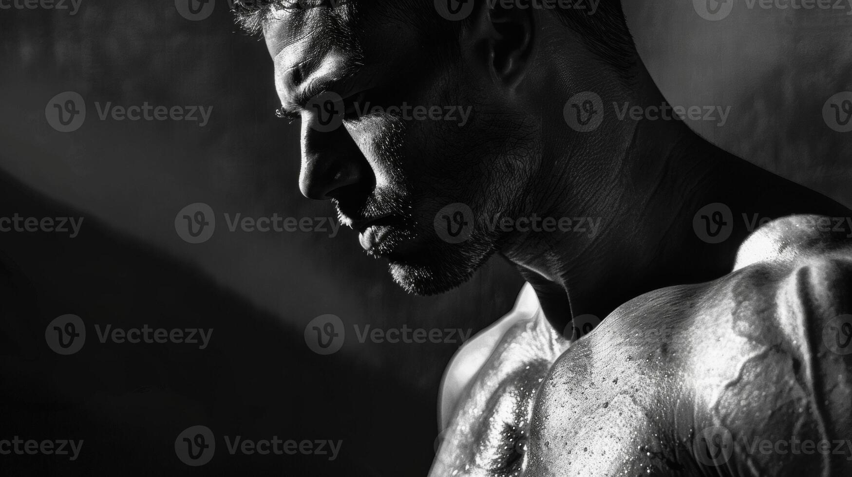 The intricate play of light and shadows on his body creates a mesmerizing rhythm showcasing the muscular symphony at play. photo