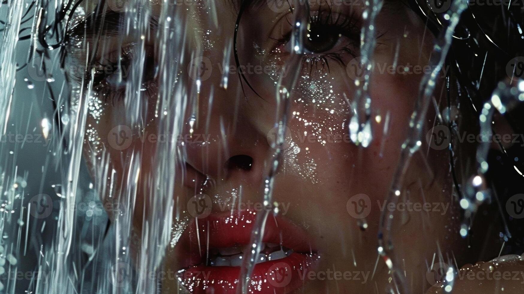 A trembling bottom lip quivering with restraint holding back a deluge of tears. photo