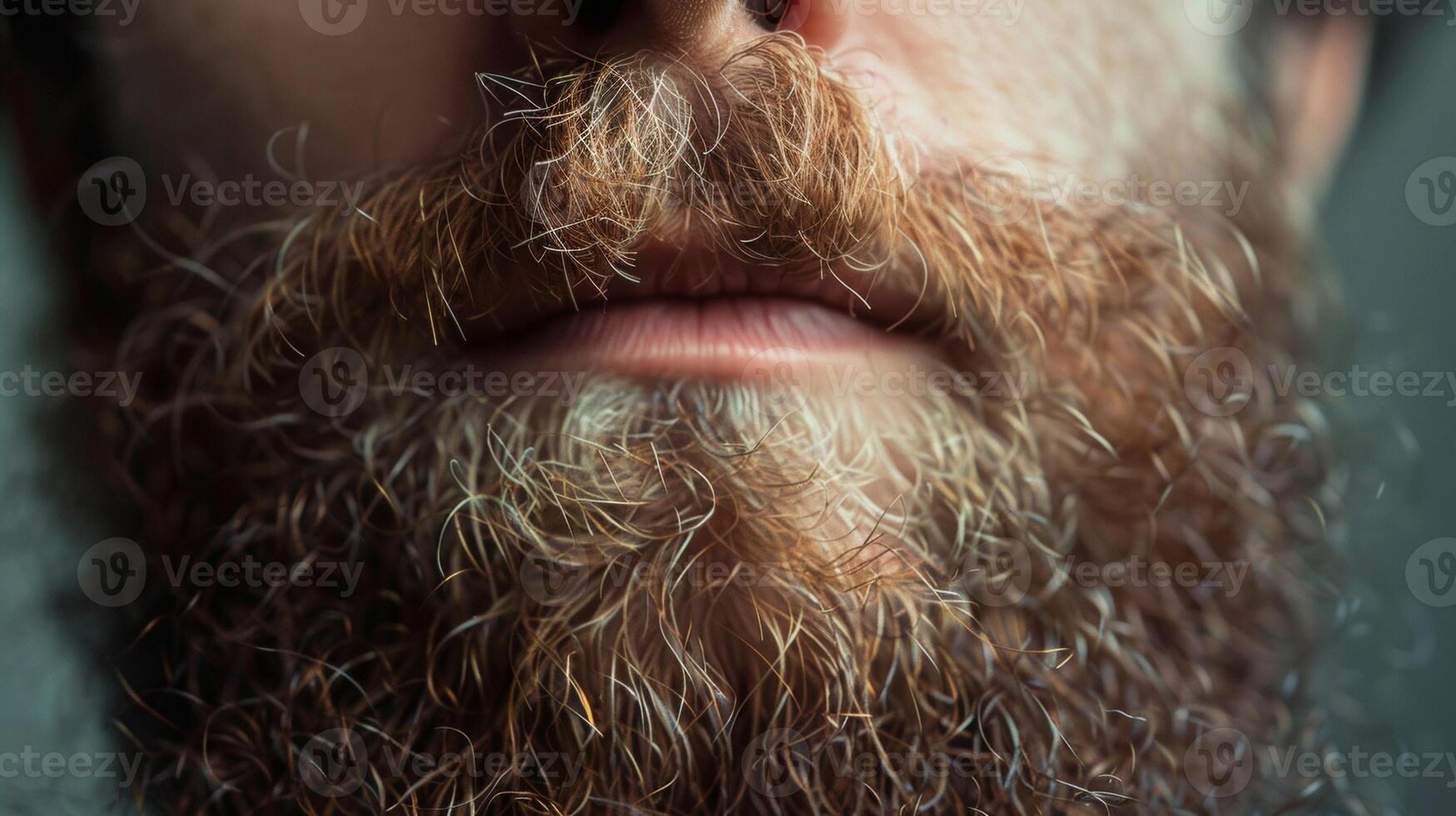 A closeup of a mans beard revealed a mix of curly and straight hairs adding depth and texture to his facial hair. photo
