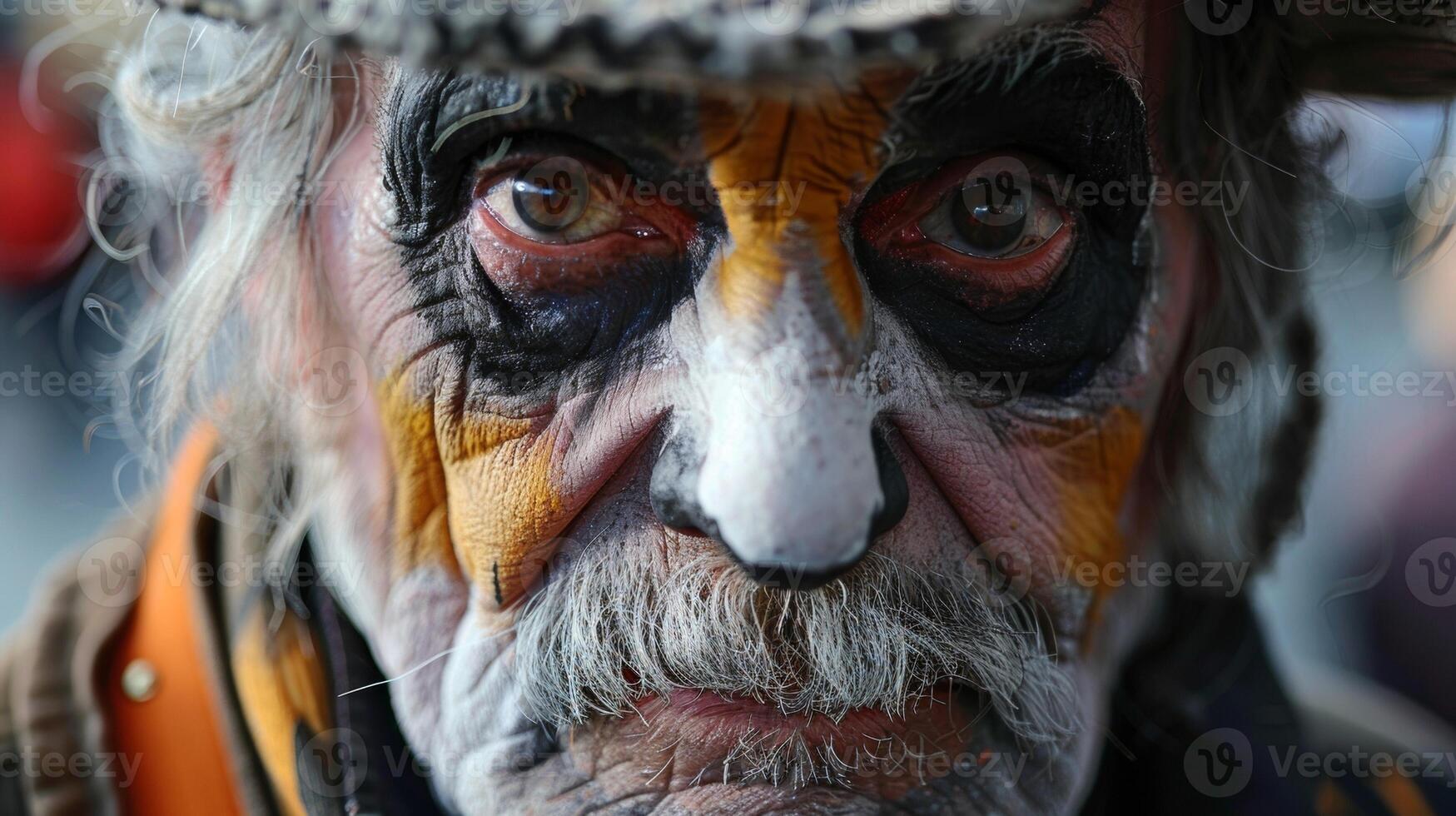 A closeup of a street performers face the lines and creases a testament to the many characters theyve embodied on these city streets. photo