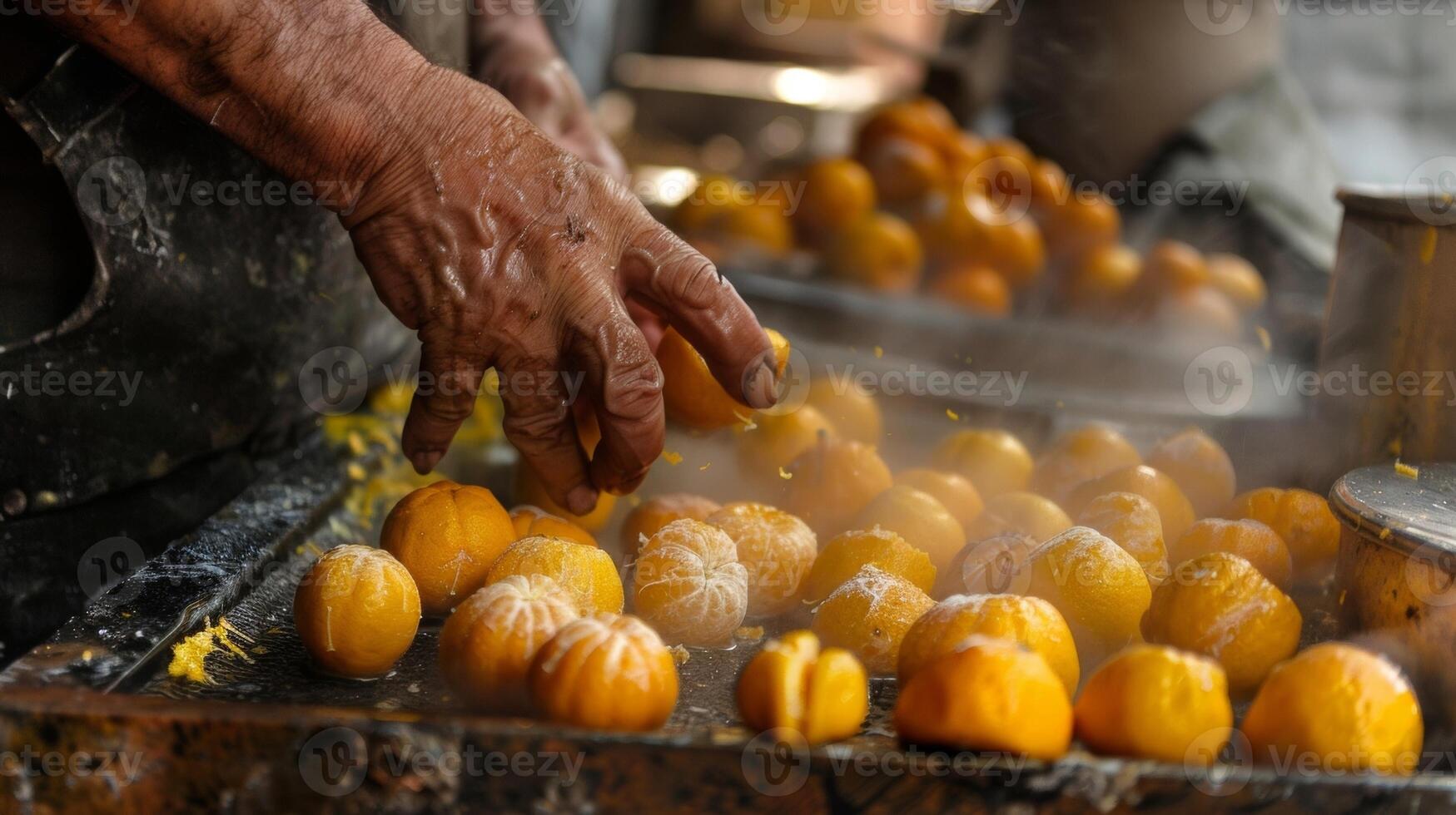 The rough hands of a street vendor expertly peeling oranges and filling the air with their sweet citrus scent. photo