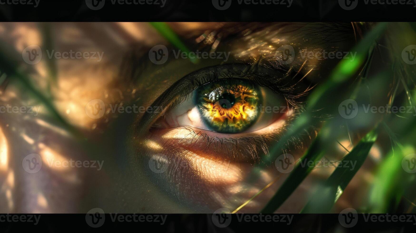 Standing out amidst the rest a pair of piercing amber eyes with flecks of gold and green like shards of sunlight shining through a canopy of trees. photo