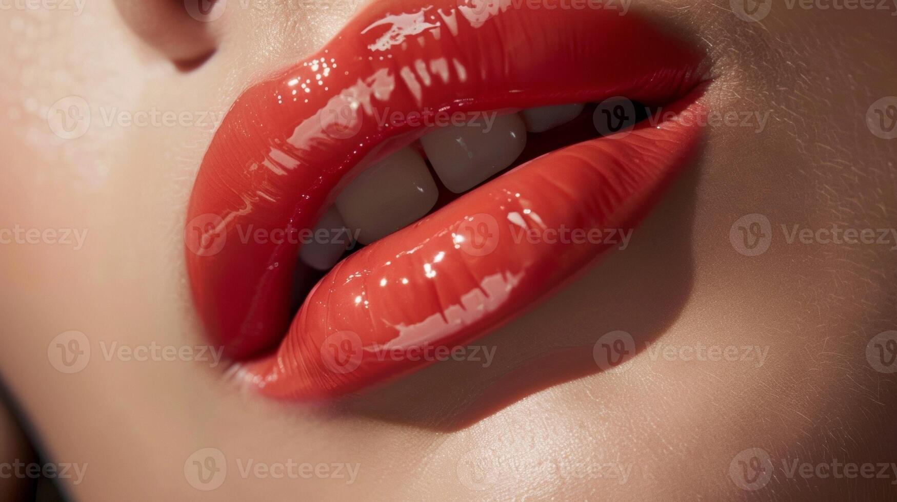 Natural rosy lips with a touch of glossy coral tint giving off a fresh and youthful appearance. photo