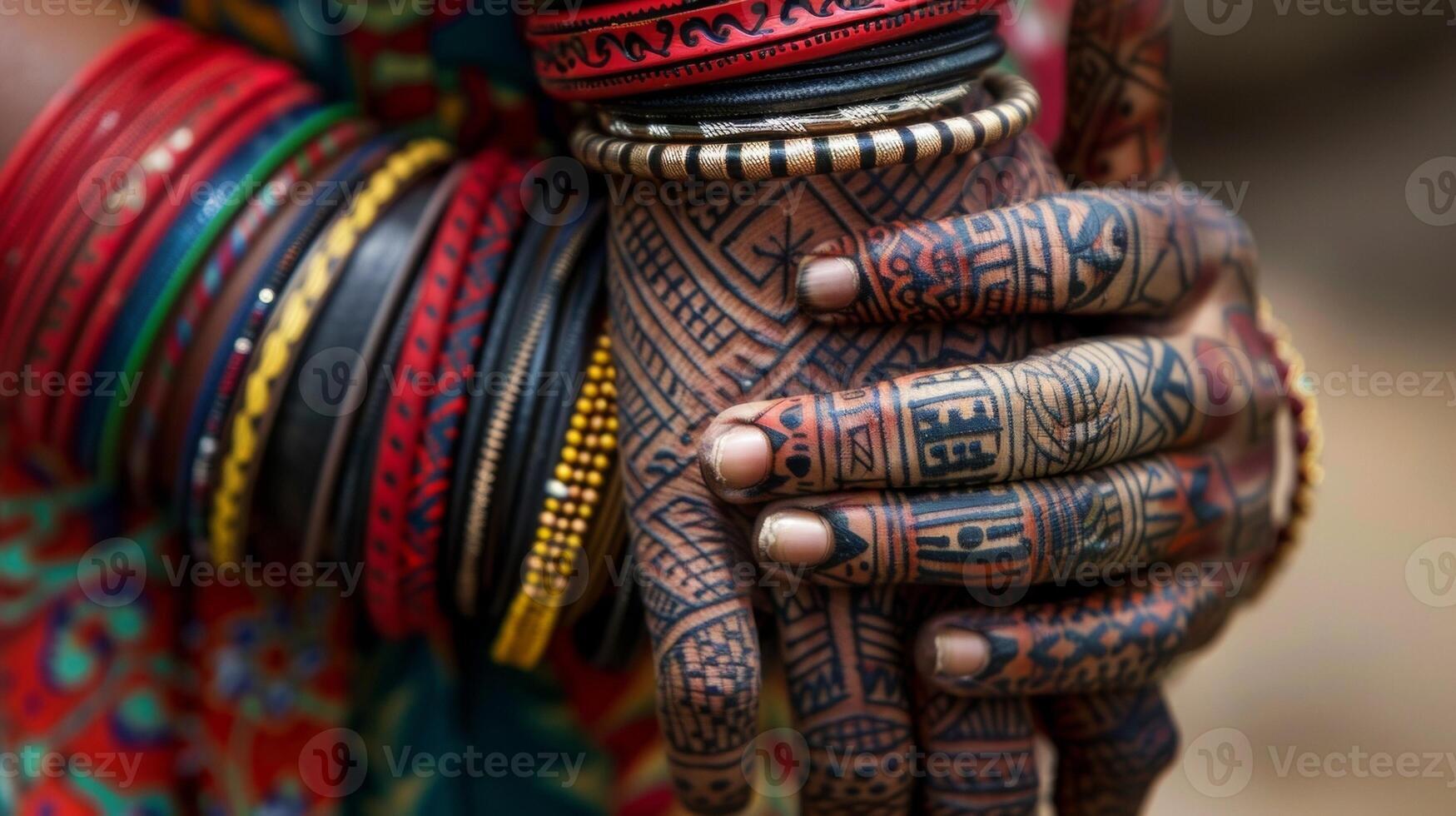 A tribal tattoo peeks out from under a stack of bangles intertwining the cultural significance of body adornment with modern fashion. photo