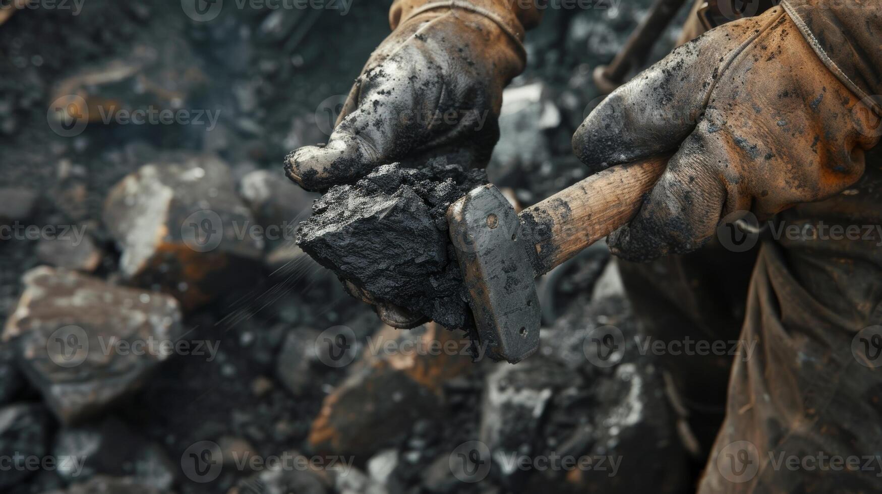A miner uses a pickaxe to break apart large chunks of coal from the walls of the mine photo