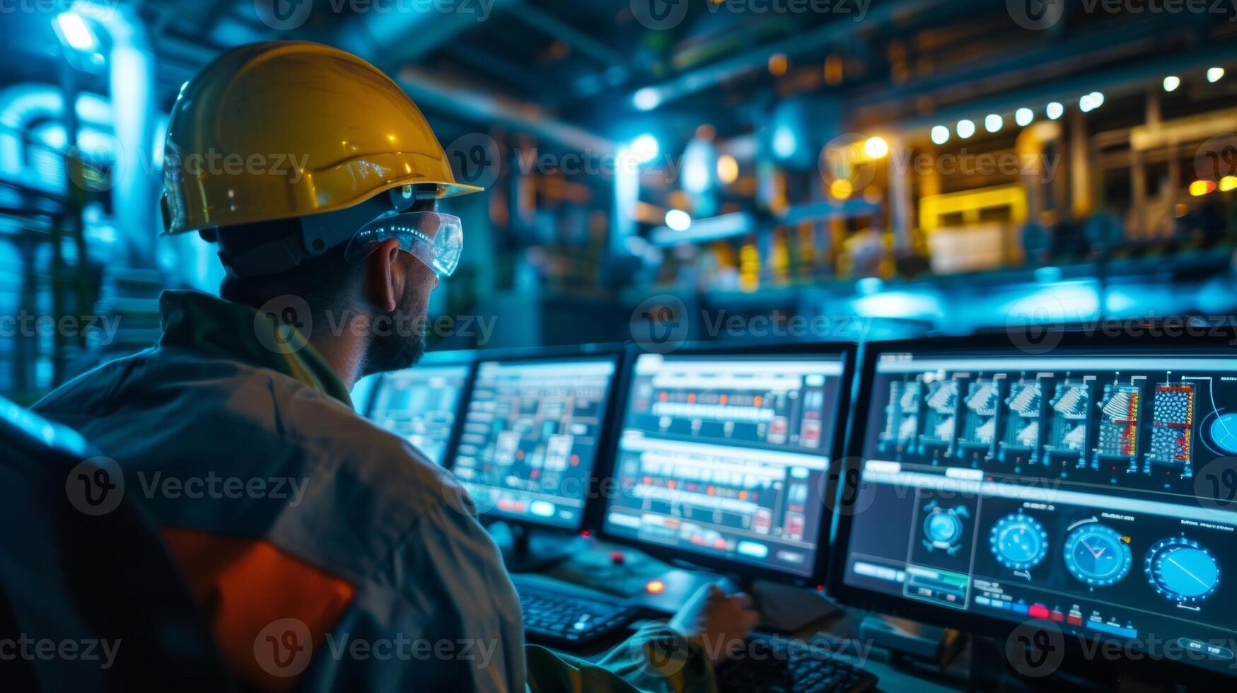 Workers using advanced technology to remotely operate and monitor the power plants equipment and sensors photo
