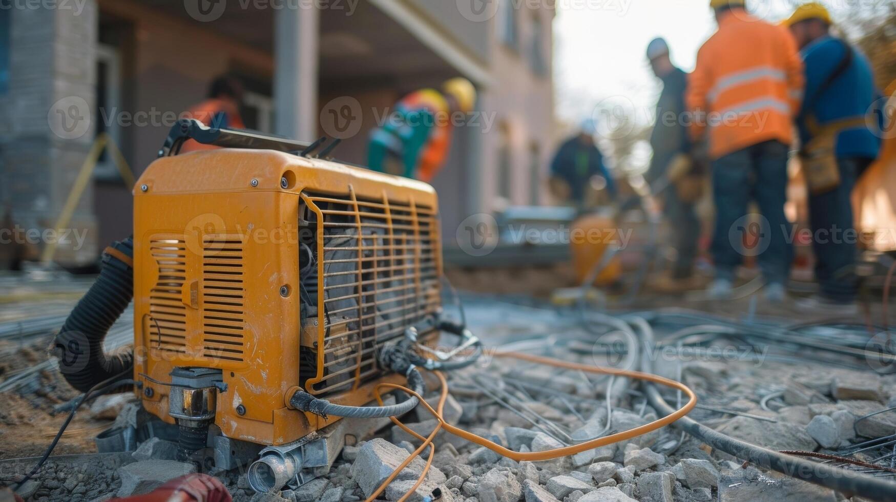 A group of construction workers using a portable gas generator to power their tools on a building site without access to electricity photo