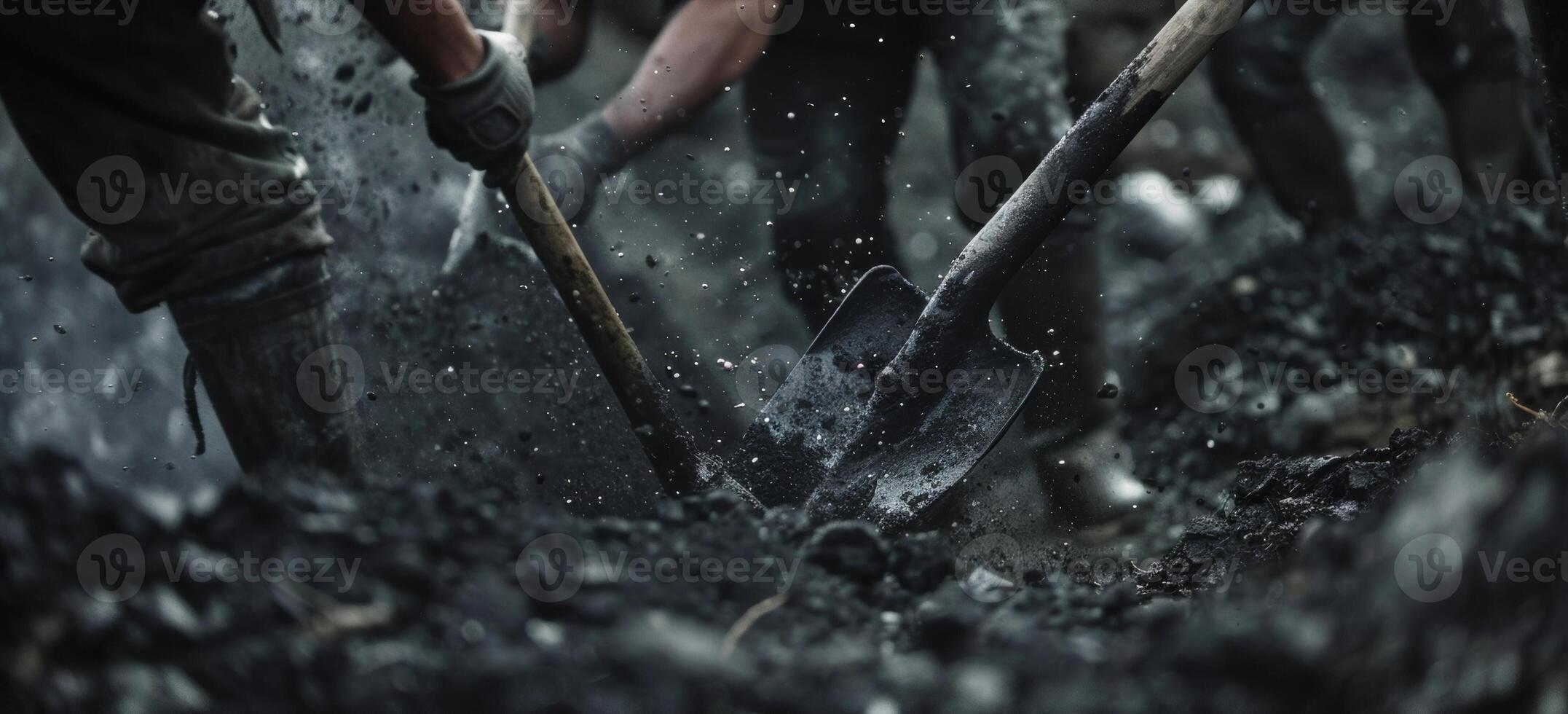A group of miners using pickaxes and shovels to manually extract coal from the earth working tirelessly in the heat photo