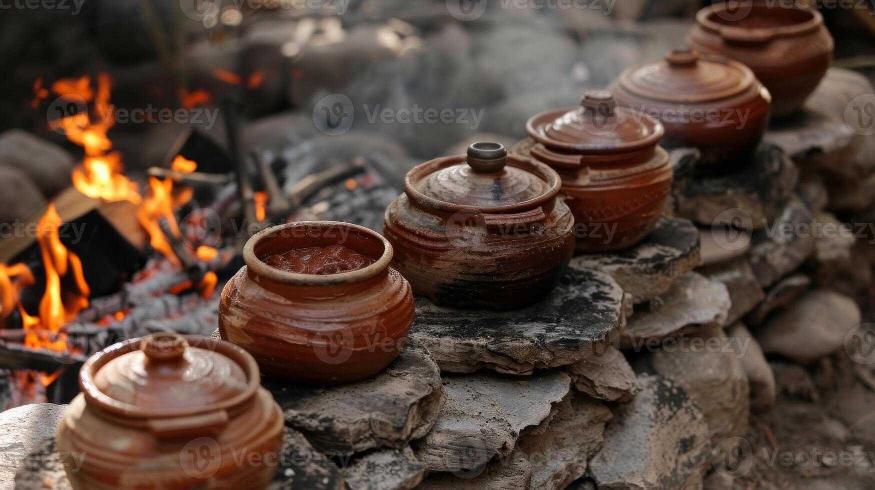 Vibrant clay pots sit atop a row of stones being used to cook a variety of dishes over a woodburning fire photo